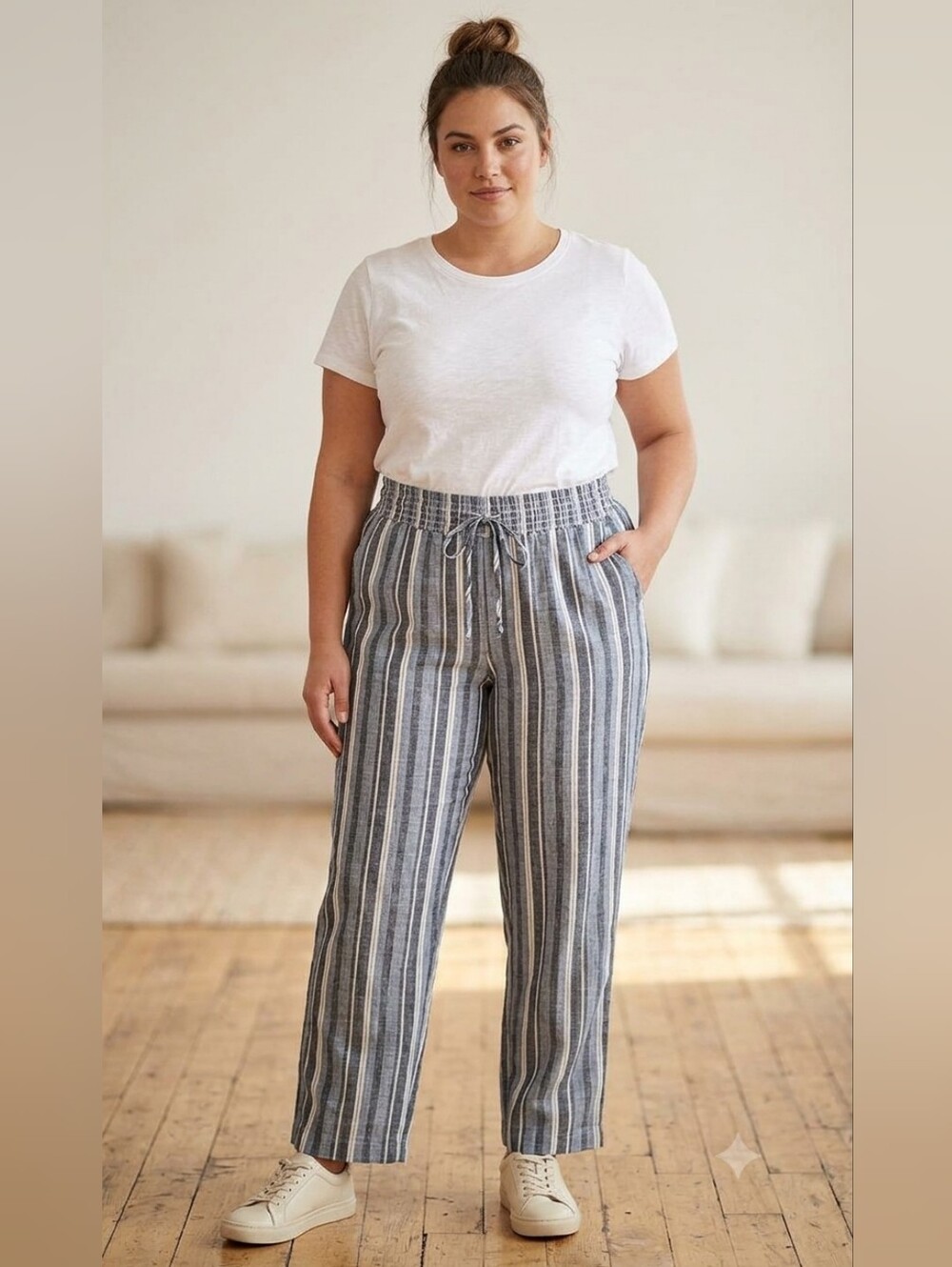 Maurices Women's Wide Leg Pants w/Pockets stripe Linen Blend Large Fit Big